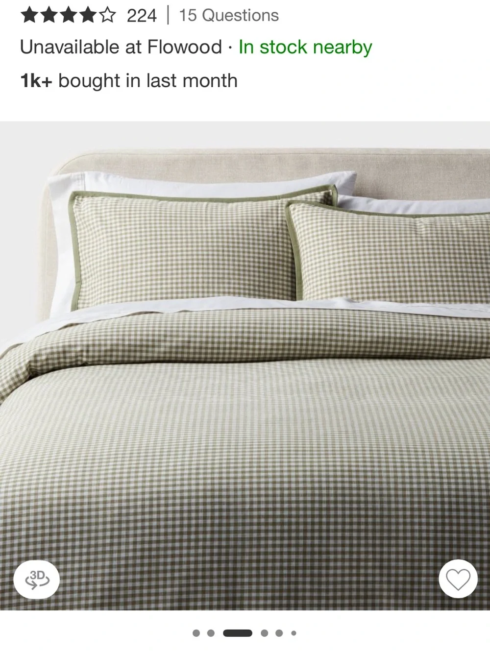 Full/queen Mini gingham duvet cover and shams Moss Green